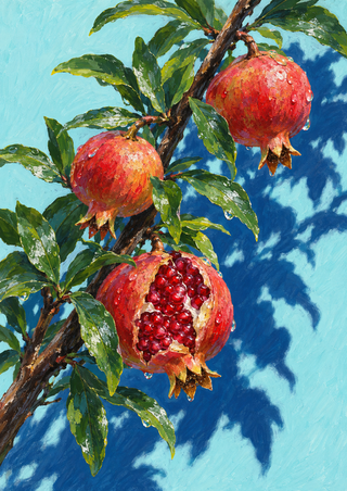 Three red pomegranates on a diagonal leafy branch, with the lower fruit split to show ruby seeds against an aqua and blue background.