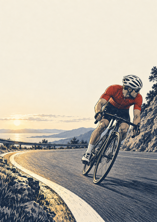 Helmeted cyclist in a red jersey leaning a road bicycle through a coastal bend beside a guardrail and rocky hillside.