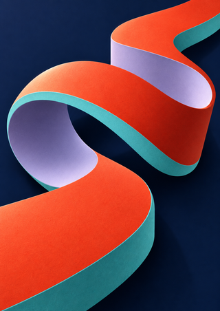 Continuous vermilion, lilac and aqua folded ribbon curling through a dark navy field to form an open central passage.
