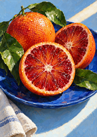 Three blood oranges, including two cut halves, arranged with green leaves on a blue plate against a pale-blue tabletop.