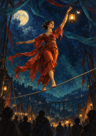 Adult aerialist in a vermilion costume balances on a diagonal rope while holding a glowing lantern beneath a moonlit canopy.