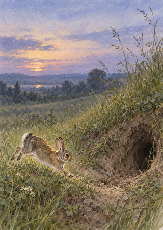A brown-gray rabbit bounds toward a dark burrow in a grassy bank, with distant trees and a warm sunset glow.