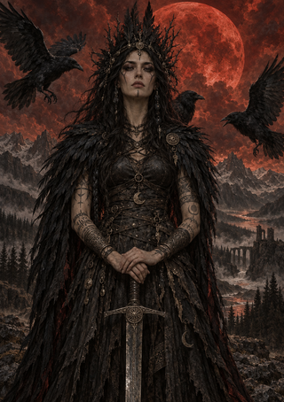 Full-length figure holding a sword beneath a large red moon, surrounded by flying black ravens and distant ruins.