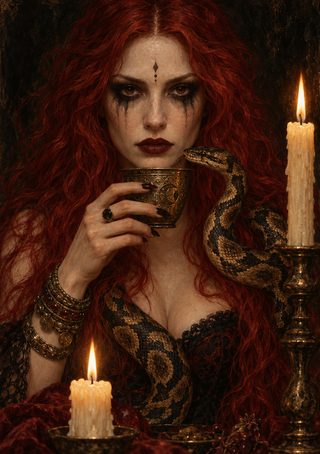 A pale red-haired woman with dark tear-like makeup holds an ornate cup as a patterned snake coils across her chest beside lit candles.