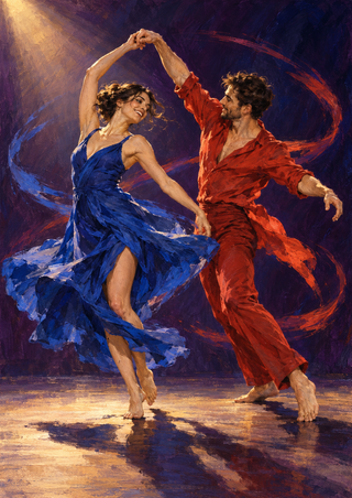 Two dancers in cobalt and vermilion costumes turn together beneath a warm spotlight on a dark stage.