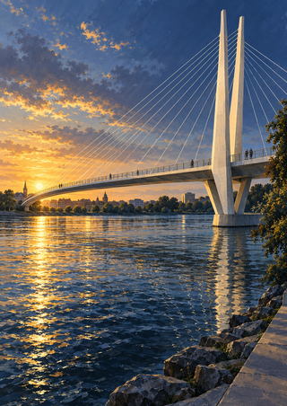 Pale cable-stayed footbridge with twin pylons crossing a reflective river at sunset, with small pedestrians and a golden horizon.