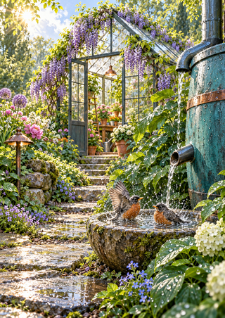 Two small birds bathing in a stone basin beside a teal rain barrel and glass greenhouse, framed by wisteria and lush foliage.