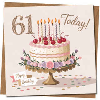 61st Birthday Card - 145mm x 145mm - 61 Today Cake, Includes Kraft Envelope