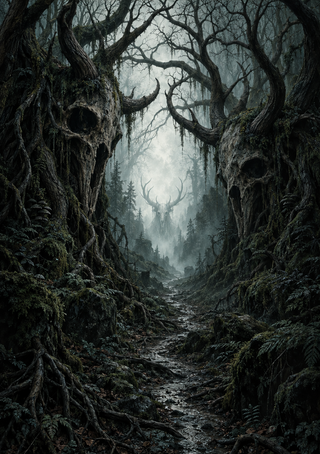 Misty path through a dark forest framed by skull-like tree hollows and twisted branches, with a distant antlered silhouette.