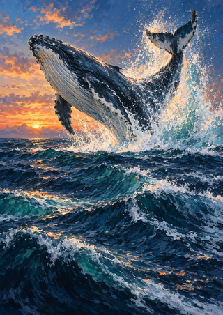 A humpback whale breaches diagonally from cobalt and teal waves, with spray rising beside it and a warm sunset on the horizon.