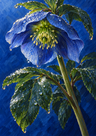 Close-up of a downward-facing blue hellebore-like flower with a pale green-yellow center and rain-beaded green leaves against a cobalt blue background.