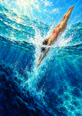 An adult diver in a coral swimsuit enters turquoise water headfirst, surrounded by a bright crown of spray.