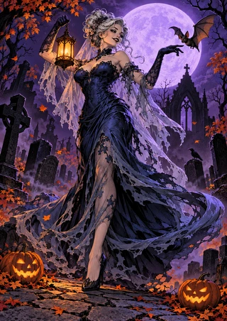 Spectral bride in a dark flowing gown raises a lantern and reaches toward a bat beneath a violet moon, among gravestones and pumpkins.