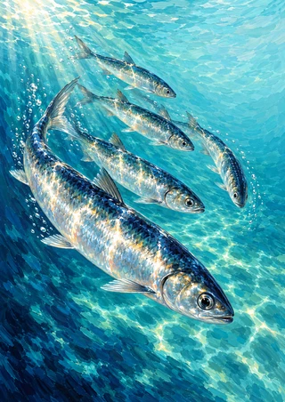Five reflective silver-blue fish swim in a loose turning formation through bright aquamarine water and bubbles.