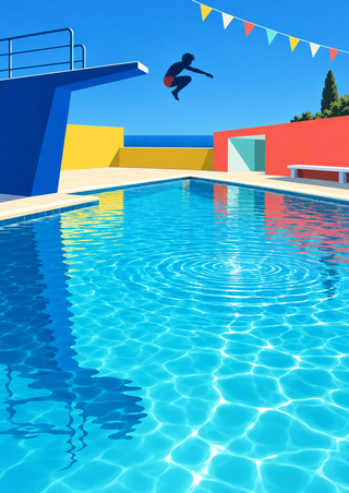 Small silhouetted diver airborne above a turquoise outdoor pool, with a blue platform, colorful geometric buildings and pennants.