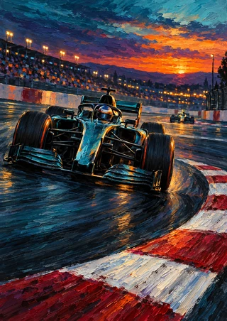 Painterly portrait motorsport scene with a large open-wheel race car and smaller car behind it on a wet track, beside a red-and-white curb and lit grandstand at sunset.