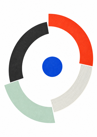 Cobalt-blue central disc surrounded by four broken geometric arcs in vermilion, charcoal, pale mint, and warm white.