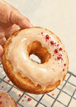 Close-up illustration of a hand holding a glazed ring doughnut above a cooling rack, with part of another doughnut at lower left.