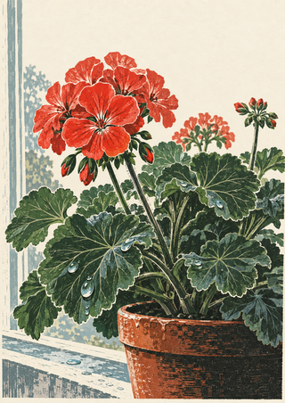Botanical illustration of a potted geranium with coral-red flowers, scalloped green leaves, droplets, and a pale window ledge.