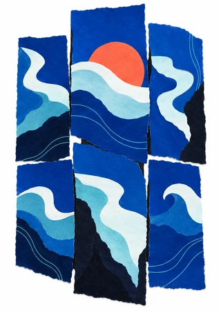 Coral-orange sun partly hidden by a pale wave band among irregular cobalt and ultramarine collage panels.