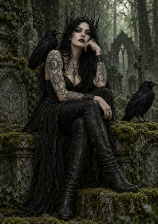 Dark-haired woman in black with a thorny crown sits among moss-covered graveyard stones with two ravens nearby.