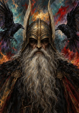 Painterly portrait of a long-bearded figure in an ornate helmet with two black ravens against a dark copper-red background.