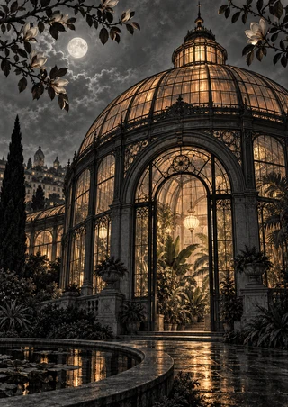 Glowing glass-and-iron conservatory with domed roof, arched entrance, tropical plants, moonlit clouds, and reflective garden.