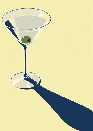 A tall martini glass with a pale drink and one green olive casts a long dark-blue shadow across a pale yellow background.