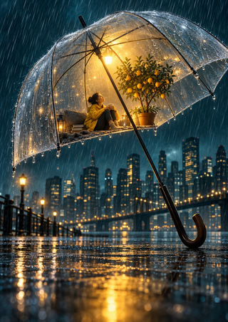 Person in a yellow coat sits beside a potted citrus tree beneath a clear umbrella as rain falls over a lit city.
