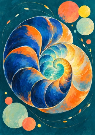 A large cobalt-and-orange spiral shell with a turquoise center, surrounded by colorful discs and fine arcs on deep teal.
