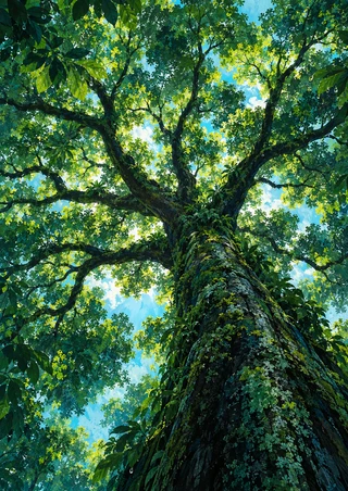 Upward view of a large tree trunk and dense emerald canopy with bright turquoise sky showing through.