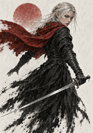 Pointed-eared woman in dark armor holding a sword as her red cloak streams behind her through rain, with a red disk in the background.