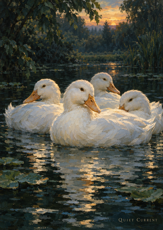 Four white ducks rest together on dark reflective pond water beneath leafy banks at dusk; small QUIET CURRENT lettering appears at lower right.