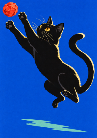 Black cat with amber eyes leaping toward a faceted coral-red ball on a cobalt background with a mint shadow shape.