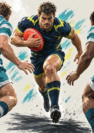 A rugby player in navy and citron drives forward with a red ball between two reaching defenders, surrounded by turquoise motion strokes.
