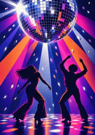 A large mirrored disco ball shines colored beams over two dancing silhouettes on a reflective floor.