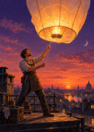 Adult worker on a rooftop holding a cord to a large glowing paper lantern, with a city skyline and crescent moon at dusk.