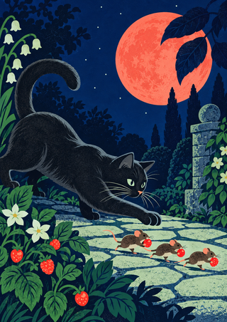 Charcoal cat reaching toward three red-berry-carrying mice on a garden path beneath a coral moon.