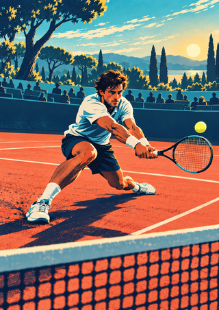 Adult tennis player lunging toward a yellow ball on a coral clay court, with a foreground net, spectators, and trees.
