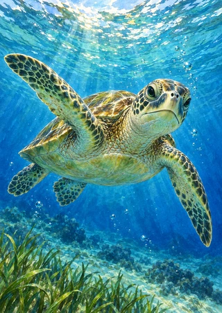 Patterned sea turtle swims toward the viewer beneath bright rippling blue water, with bubbles and seagrass below.