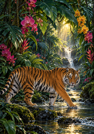 Tiger facing toward the viewer as it walks through a rocky stream beneath tropical foliage, flowers, and a waterfall.