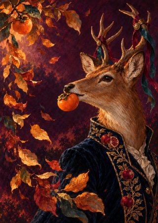 A deer in a dark embroidered coat holds a bright persimmon at its mouth, with burgundy and teal ribbons on its antlers and orange leaves against a plum background.