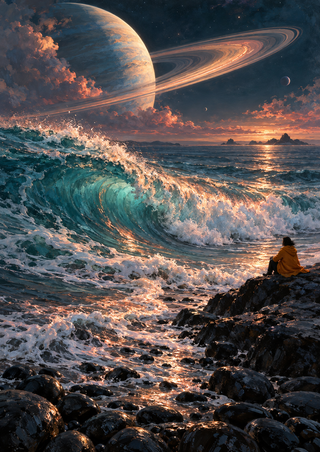 Turquoise wave and rocky shore beneath a large ringed planet, with a small seated figure in a yellow-orange coat.