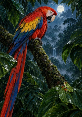 Red-and-yellow macaw perched on a rising branch above a small green frog on a leaf in a moonlit rainforest with mist and a distant waterfall.