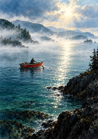 Small red skiff with a seated rower crossing misty water beneath forested headlands and a bright opening in the clouds.