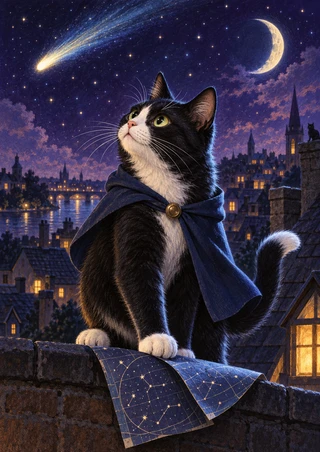 Black-and-white cat in a blue cape sits on a stone rooftop beneath a comet and crescent moon, with a starry chart on the ledge.