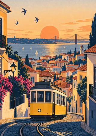 Yellow tram on a curving cobbled hillside street above a river, with terracotta rooftops, a suspension bridge, birds and a low sun.