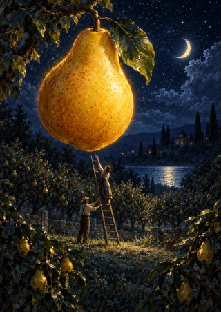 Glowing golden pear above two gardeners and a ladder in a dark orchard beneath a crescent moon, with reflective water and distant buildings.