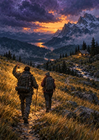 Two backpacked hikers follow a meadow path toward a lit timber shelter; the nearer hiker raises a lantern beneath a dramatic sunset sky.