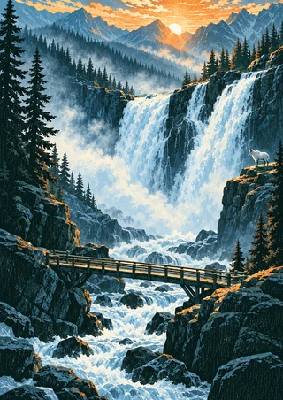 Multi-tier waterfall in a forested mountain gorge at sunrise, with a mountain goat on a rocky ledge and a footbridge crossing the river below.